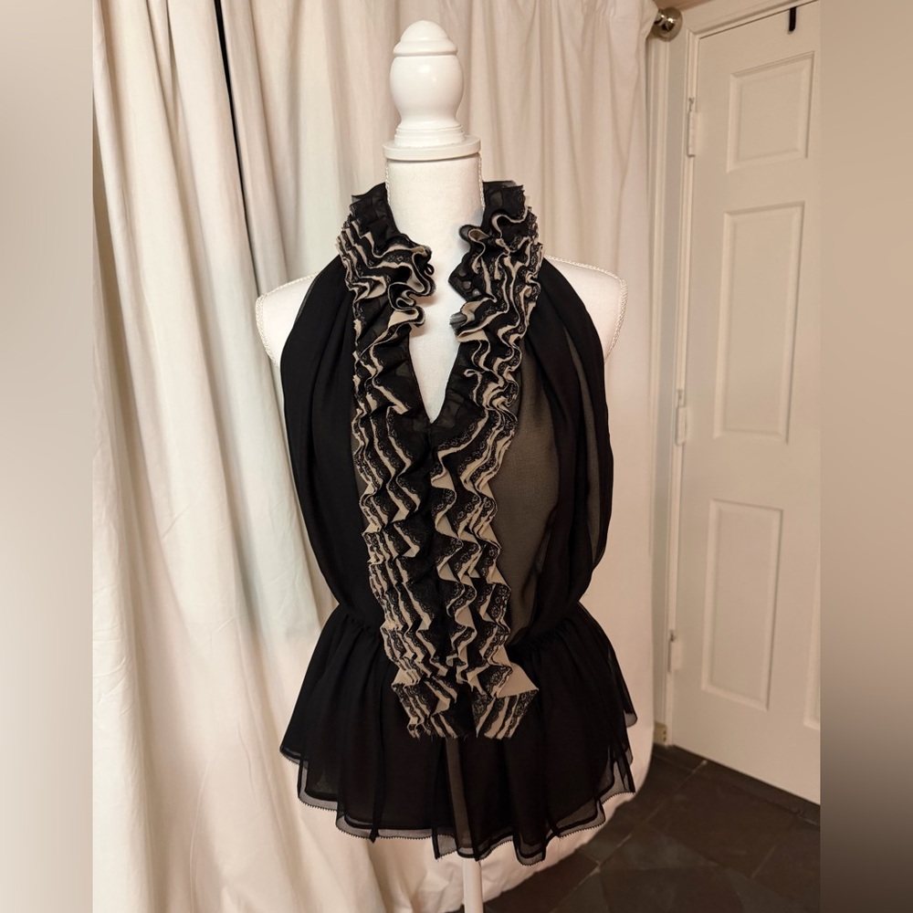 Robert Rodriguez Black and Cream Ruffled Top